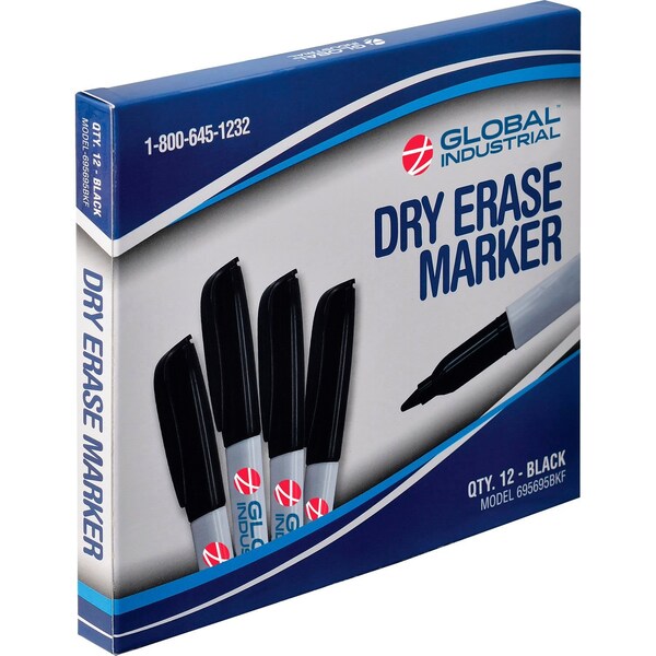 Global Industrial Dry Erase Markers, Fine Tip, Black, 12PK 695695BKF - main